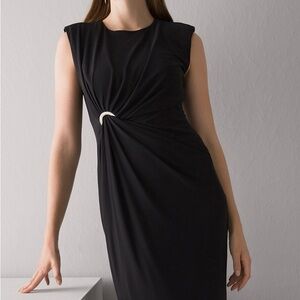 White House Black Market Solid Black Matte Jersey Ruched Midi Dress Draped Sz XS
